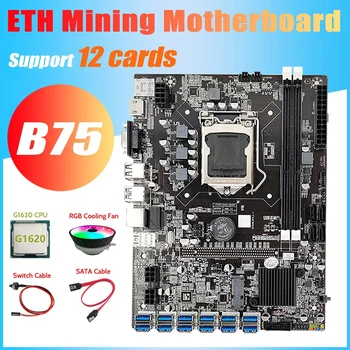 B75 ETH de Mineração placa-Mãe 12 PCIE Para USB3.0+G1620 CPU+Mudar+Cabo SATA+Cabo RGB Fã LGA1155 DDR3 B75 USB da placa-Mãe