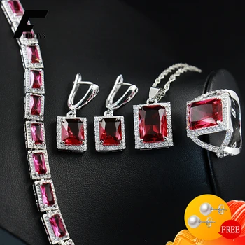 De luxo, 925 Jóias de Prata Conjunto de Anéis, Brincos Colar, Bracelete de Rubi Zircão Pedras Acessórios para Mulheres de Festa de Casamento