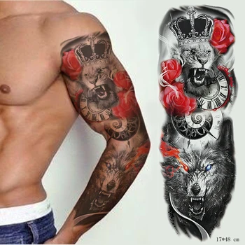 Etiqueta da tatuagem Impermeável leão lobo animal totem coroa do relógio de flores Temporária Braço Completo Tatoo Flash Falso Tatto para o menino menina