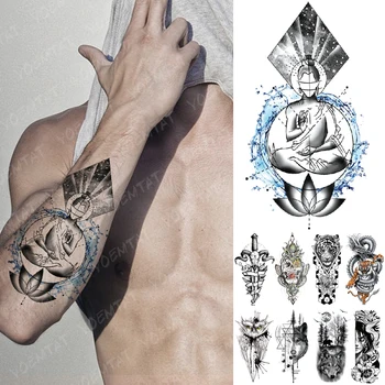 Impermeável Da Etiqueta Temporária Tatuagem De Lótus Sabedoria Oceano Buda Shakyamuni Flash Tatto Leão Lobo Arte No Corpo, Braço Falsa Tatoo Mulheres Homens