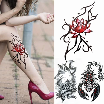 Minimalista Lotus Tatuagens Temporárias Para As Mulheres, Os Homens Da Lua Lobo Rosees Flor Etiqueta Da Tatuagem De Escorpião Rei Falso Tatoos Arte Do Corpo Coxa