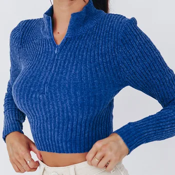 Mulheres Zíper Metade de Alta Pescoço Curto Suéter de Malha para o Outono Inverno 2021 Nova Cor Sólida, com Vazamento de Assentamento Camisa Street Wear Pulôver