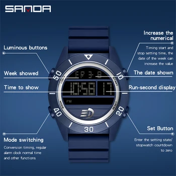 SANDA Marca Homens Clássico Relógio Digital LED à prova d'água de Natação do Desporto Relógios Confortável TPU Alça de Cronometragem Alarme ReloJ 3
